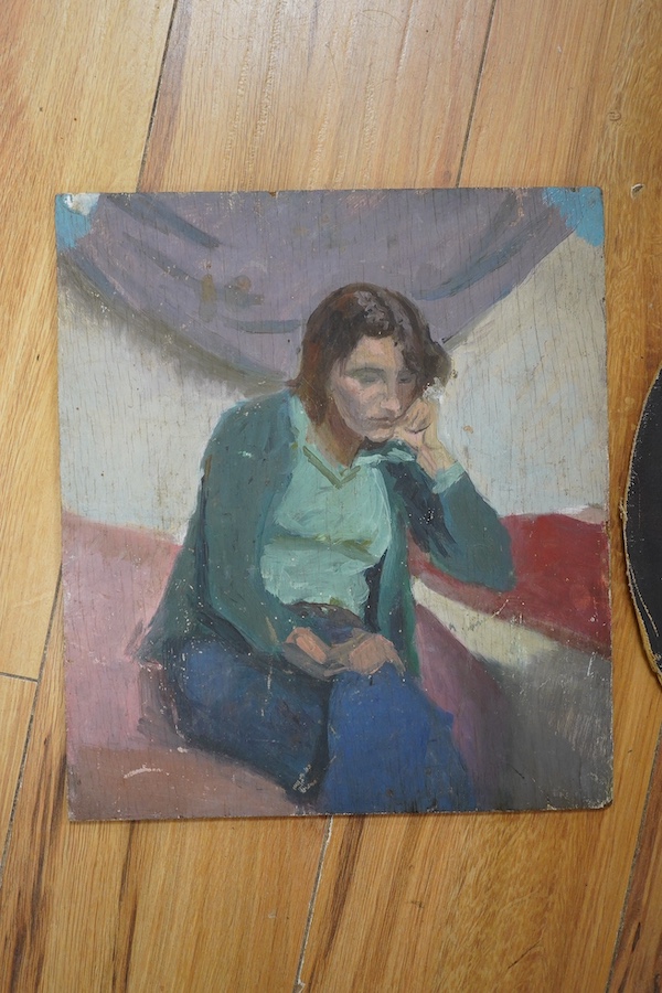 Two 20th century portraits, comprising William J MacLeod, Portrait of Norna King, 1922 and J M Halliday, Portrait of a seated woman, largest 32 x 28cm, each unframed. Condition - poor to fair